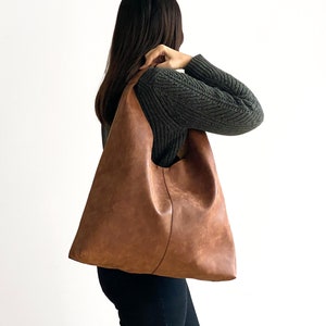 Vegan Leather Hobo Bag in Brown - Slouchy Bag - Hobo Shoulder Bag - Distressed Faux leather - Hobo Bag for Women - Everyday Handbag -Redmaus