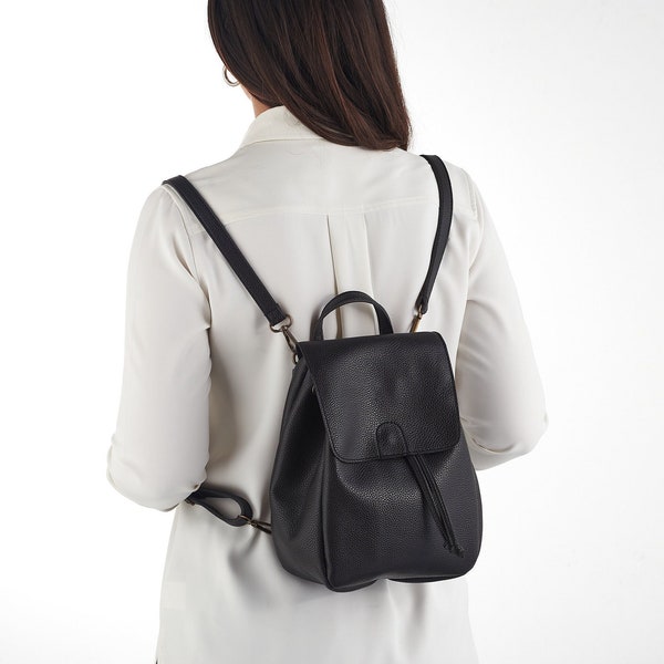 Black Mini Backpack - Vegan Backpack - Natural Grain - Convertible Bag - Minimalist Backpack - Faux Leather Backpack