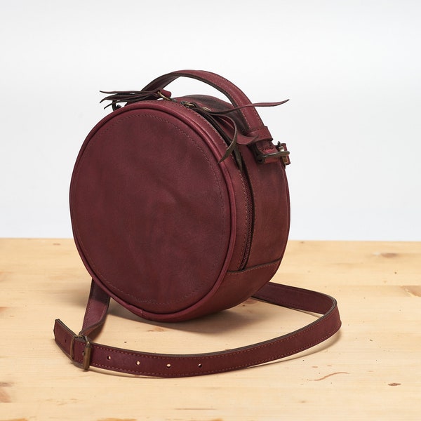 Faux Leather Circle Bag - Burgundy Vegan Crossbody Bag - Burgundy Round Bag - Crossbody Bag - Detachable Strap - Top Handle Bag -