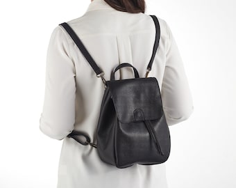 Black Mini Backpack - Vegan Backpack - Natural Grain - Convertible Bag - Minimalist Backpack - Faux Leather Backpack