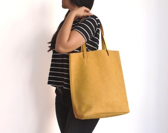 Faux Leather Yellow Tote Bag - Shoulder Bag - Vegan handbag - Water Resistant - Vegan Leather - Rustic Leather - Distressed Leather