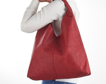 Vegan Lederen Hobo Tas in Rood- Slouchy Tas - Hobo Schoudertas - Distressed Faux leer - Hobo Tas voor Vrouwen - Alledaagse Handtas -Redmaus