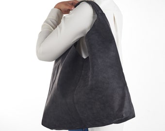 Sac Hobo en cuir végétalien en noir - Sac souple - Sac à bandoulière Hobo - Simili cuir vieilli - Sac Hobo pour femme - Sac à main de tous les jours - Redmaus