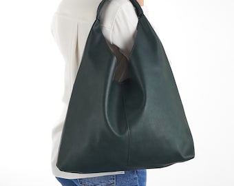 Vegan Leather Hobo Bag in Green - Slouchy Bag - Hobo Shoulder Bag - Distressed Faux leather - Hobo Bag for Women - Everyday Handbag -Redmaus