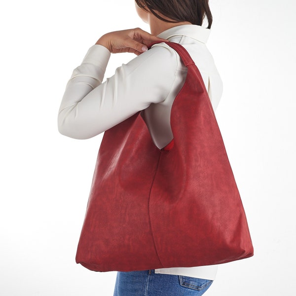 Vegan Leather Hobo Bag in Red- Slouchy Bag - Hobo Shoulder Bag - Distressed Faux leather - Hobo Bag for Women - Everyday Handbag -Redmaus