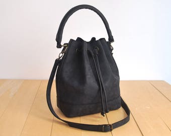 Faux Leather Bucket Bag - Black Vegan Handbag - Black Shoulder Bag - Crossbody Bag - Detachable Strap - Hobo Bag - Water Resistant