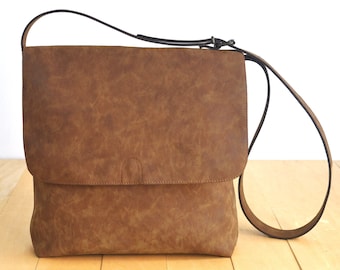 Vegan Leather Brown Shoulder Bag - 13" Laptop Bag - Water Resistant - Vegan Leather - Zippered - Distressed Leather - Boho Bag