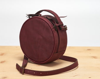 Faux Leather Circle Bag - Burgundy Vegan Crossbody Bag - Burgundy Round Bag - Crossbody Bag - Detachable Strap - Top Handle Bag -