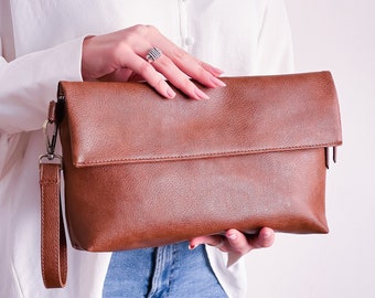 Brown Clutch Purse - Vegan Foldover Clutch - Faux Leather Clutch Bag - Brown Crossbody Bag - Detachable Strap - Brown Foldover Clutch