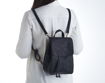 Mini Backpack - Black  Backpack - Vegan Backpack - Convertible Bag - Minimalist Backpack - Faux Leather Backpack