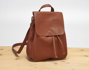 Brown Mini Backpack - Vegan Backpack - Natural Grain - Convertible Bag - Minimalist Backpack - Faux Leather Backpack