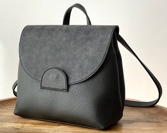 Faux Leather Black Backpack - Square Backpack - Vegan Backpack - Minimalist Bag - Water Resistant - Vegan Leather - Rustic Leather