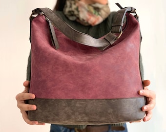 Vegan leather shoulder bag - Burgundy and Dark Brown - Two tone handbag - Vegan purse - Water Resistant - Vegan shoulder bag- Rustic Leather