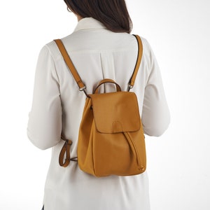 Yellow Mini Backpack Vegan Backpack Natural Grain Convertible Bag Minimalist Backpack Faux Leather Backpack image 1