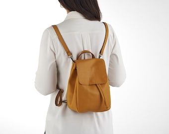 Yellow Mini Backpack - Vegan Backpack - Natural Grain - Convertible Bag - Minimalist Backpack - Faux Leather Backpack