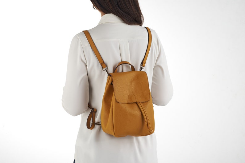 Yellow Mini Backpack Vegan Backpack Natural Grain Convertible Bag Minimalist Backpack Faux Leather Backpack image 1