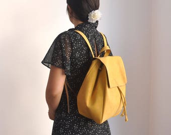 Faux Leather Yellow Backpack - Vegan Backpack - Water Resistant - Vegan Leather - Rustic Leather - Distressed Leather - Valentines Day Gift