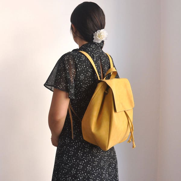 Faux Leather Yellow Backpack - Vegan Backpack - Water Resistant - Vegan Leather - Rustic Leather - Distressed Leather - Valentines Day Gift