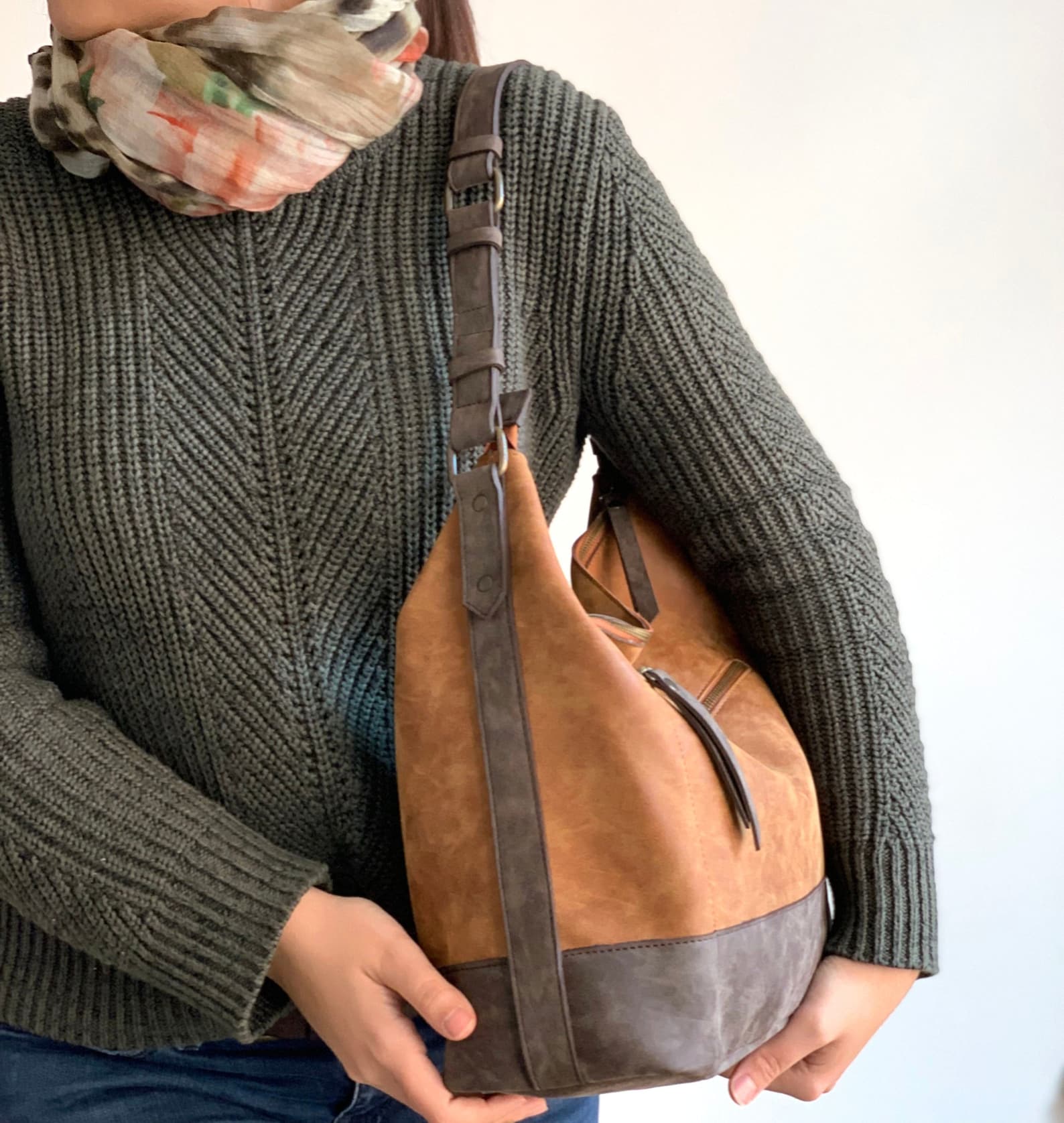 Vegan Leather Hobo Bag Two Tone Brown Handbag Vegan Purse Etsy