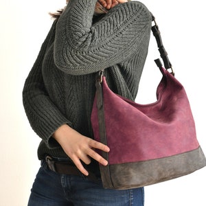 Vegan Leder Hobo Tasche Burgund und dunkelbraun zwei Ton Handtasche Vegan Geldbörse wasserdicht Vegan Umhängetasche rustikale Leder Bild 3