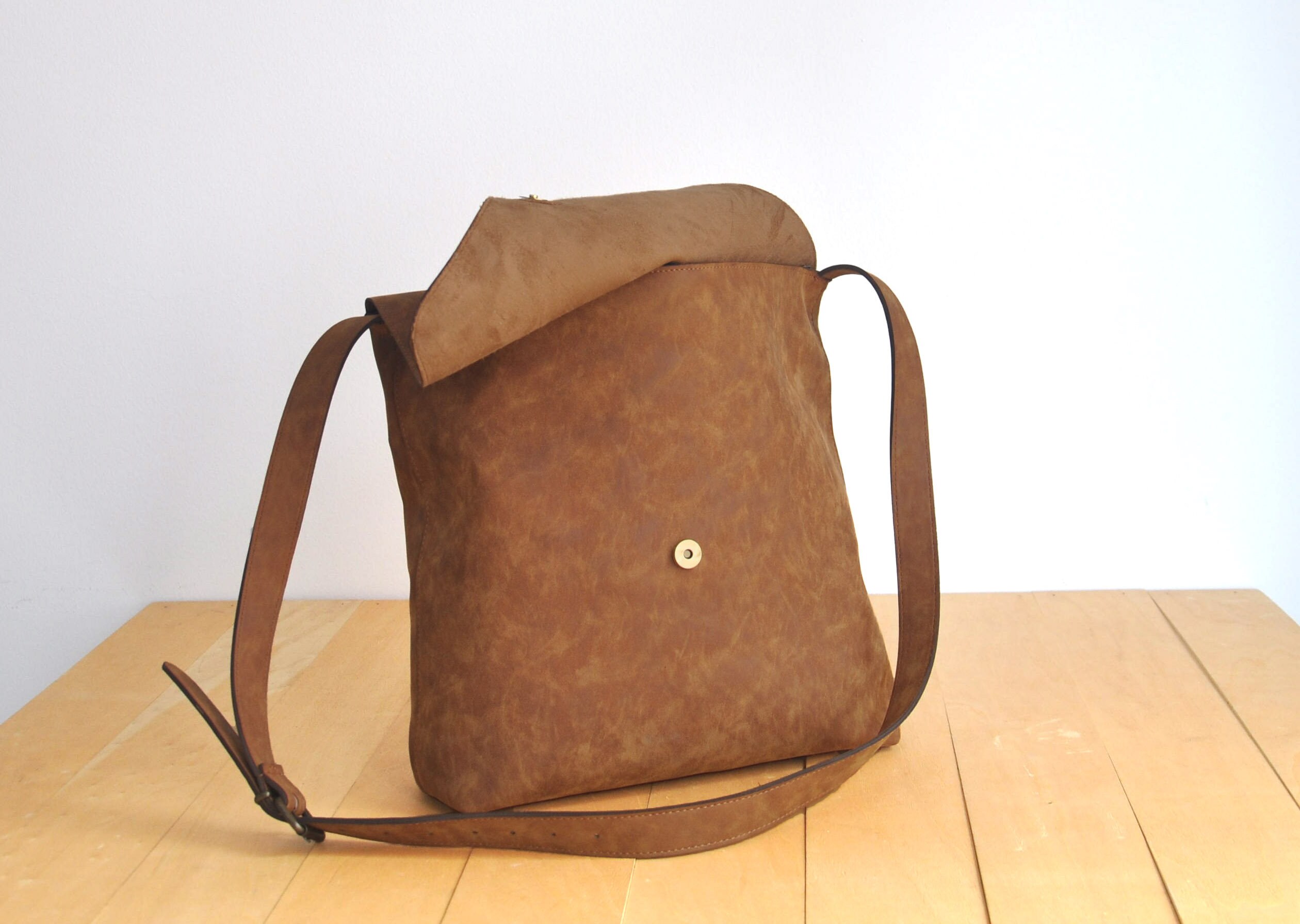 Faux Leather Brown Messenger Bag Vegan Messenger Bag Water Etsy