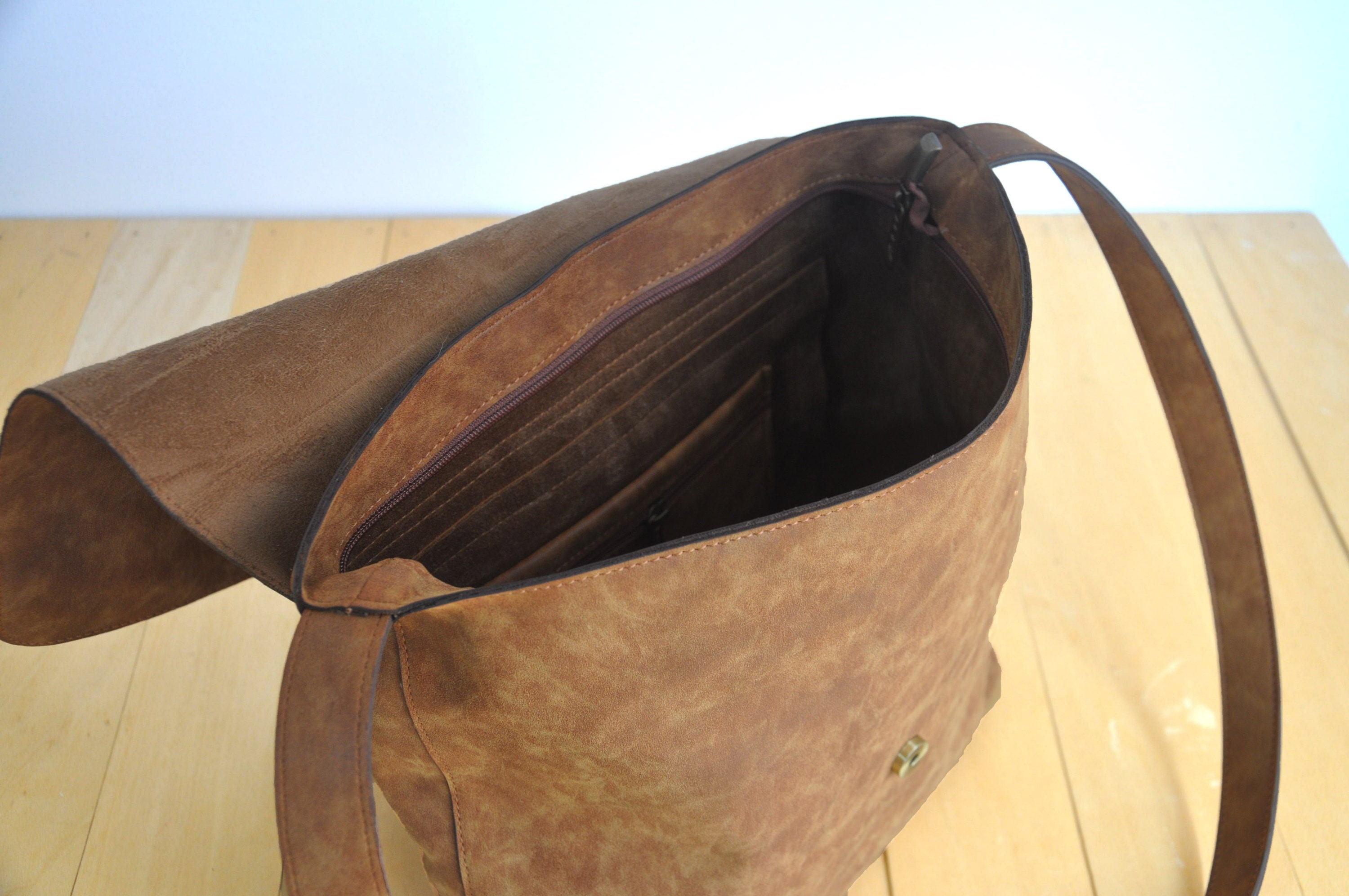 Faux Leather Brown Messenger Bag Vegan Messenger Bag Water Etsy