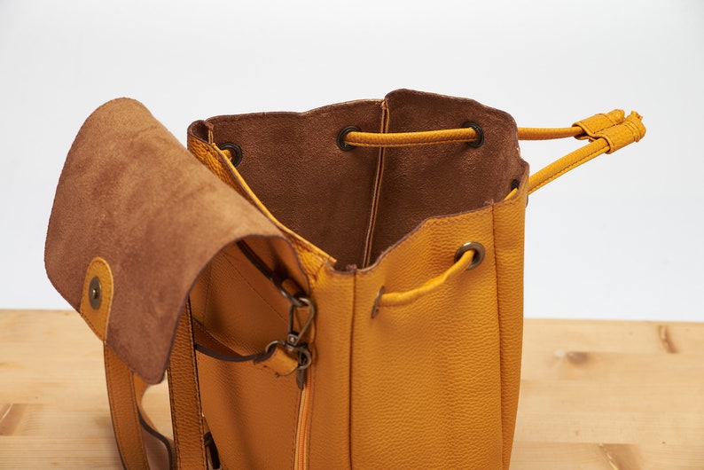 Yellow Mini Backpack Vegan Backpack Natural Grain Convertible Bag Minimalist Backpack Faux Leather Backpack image 7
