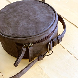 Faux Leather Circle Bag Dark Brown Vegan Crossbody Bag Brown Round Bag Crossbody Bag Detachable Strap Top Handle Bag image 4