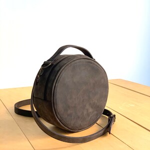 Faux Leather Circle Bag Dark Brown Vegan Crossbody Bag Brown Round Bag Crossbody Bag Detachable Strap Top Handle Bag image 2