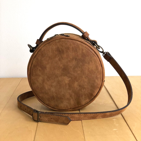 Faux Leather Circle Bag - Brown Vegan Crossbody Bag - Brown Round Bag - Crossbody Bag - Detachable Strap - Top Handle Bag