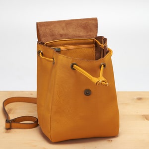 Yellow Mini Backpack Vegan Backpack Natural Grain Convertible Bag Minimalist Backpack Faux Leather Backpack image 6