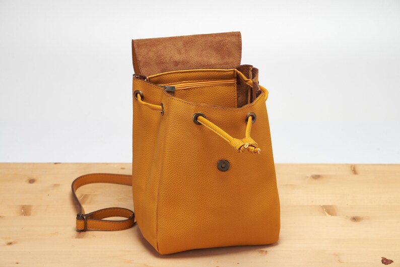 Yellow Mini Backpack Vegan Backpack Natural Grain Convertible Bag Minimalist Backpack Faux Leather Backpack image 6