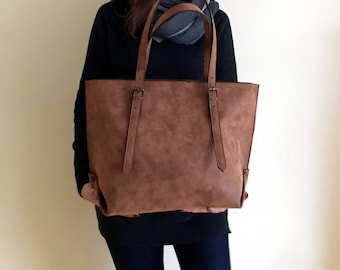 Mothers Day Gift - Leather Brown Tote Bag - Vegan Handbag - Water Resistant - Vegan Leather - Rustic Leather - Gift For Mum