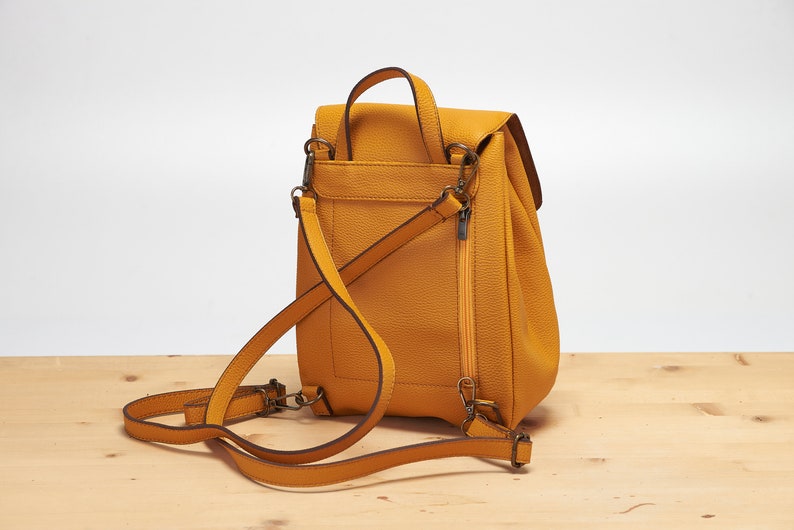 Yellow Mini Backpack Vegan Backpack Natural Grain Convertible Bag Minimalist Backpack Faux Leather Backpack image 4