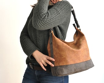 Sac hobo en cuir végétalien - Sac à main marron bicolore - Sac à main végétalien - Résistant à l’eau - Sac à bandoulière végétalien- Cuir rustique - Cuir en détresse