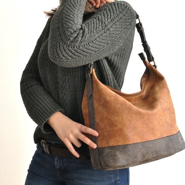 Vegan leather hobo bag - Two tone brown handbag - Vegan purse - Water Resistant - Vegan shoulder bag- Rustic Leather - Distressed Leather