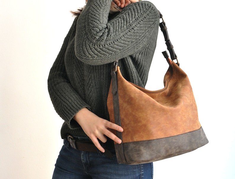 Vegan Leather Hobo Bag Two Tone Brown Handbag Vegan Purse Etsy