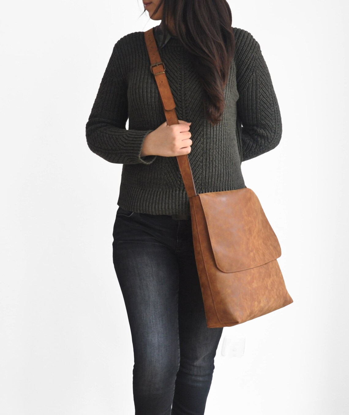 Faux Leather Brown Messenger Bag Vegan Messenger Bag Water Etsy