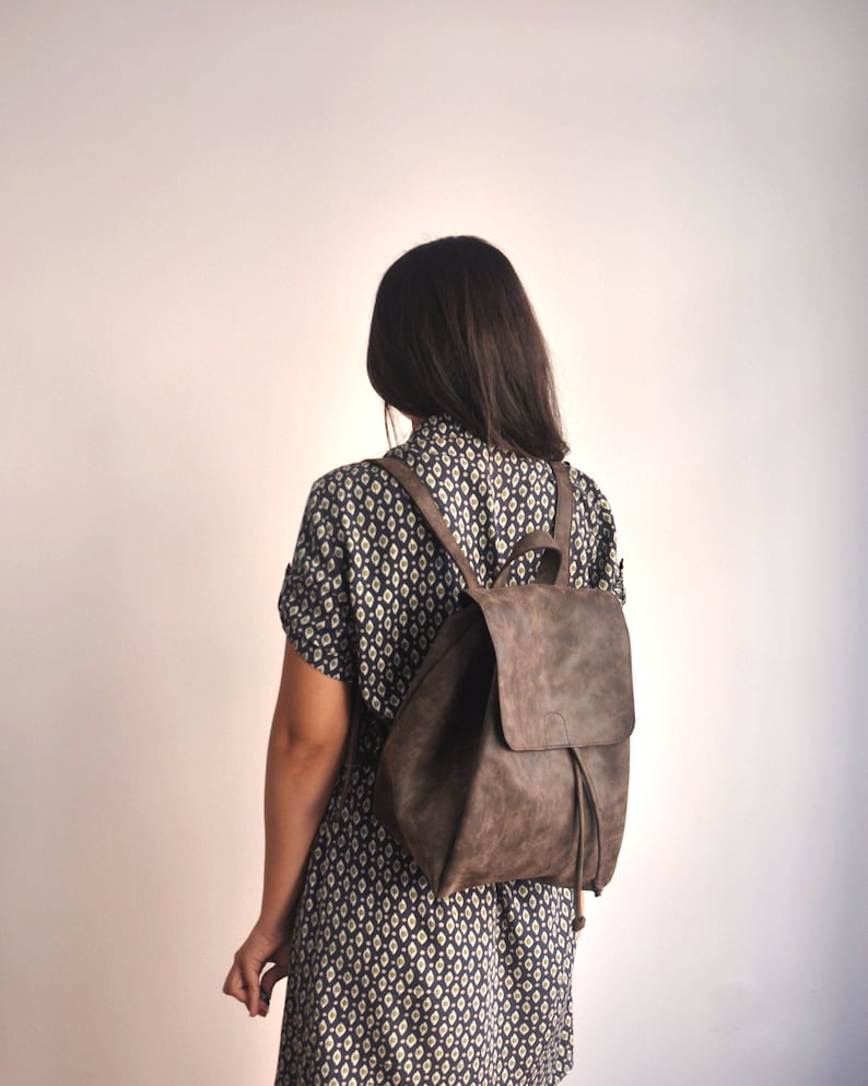 Faux Leather Dark Brown Backpack - Vegan Backpack - Water Resistant - Vegan Leather - Rustic Leather - Distressed Leather - Boho Bag - Gifts 