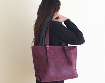 Faux Leather Burgundy Tote Bag - Vegan Handbag - Water Resistant - Vegan Leather - Rustic Leather - Distressed Leather - Boho Bag - Gift