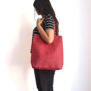 Red Tote Bag - Faux Leather - Vegan Tote Bag - Water Resistant - Vegan Leather - Rustic Leather - Distressed Leather - Boho Bag - Gift