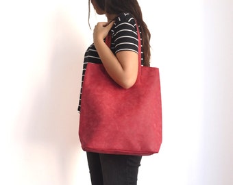 Red Tote Bag - Faux Leather - Vegan Tote Bag - Water Resistant - Vegan Leather - Rustic Leather - Distressed Leather - Boho Bag - Gift