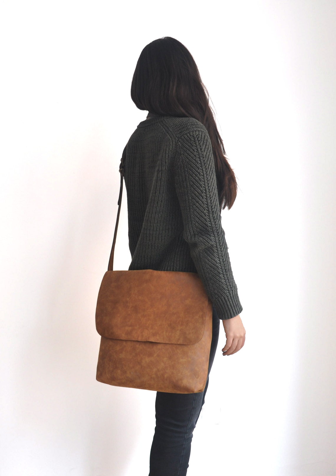 Faux Leather Brown Messenger Bag Vegan Messenger Bag Water Etsy