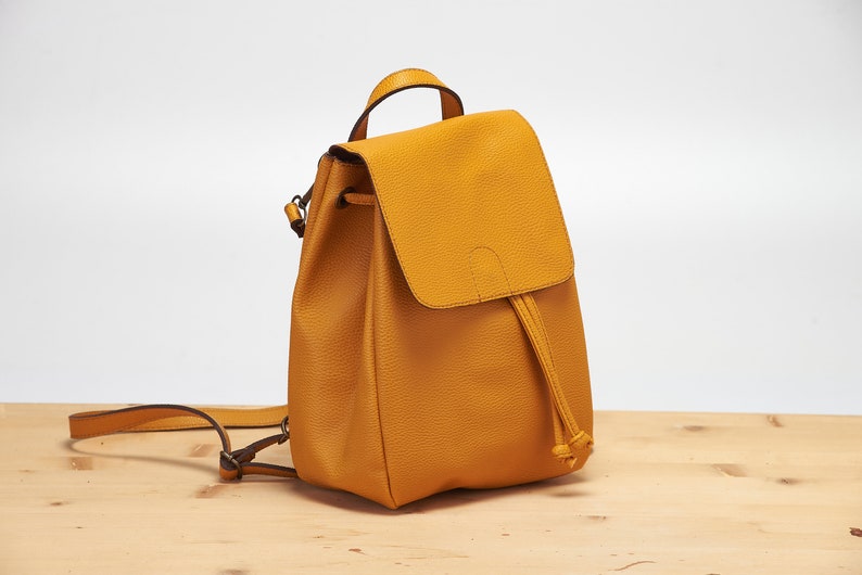 Yellow Mini Backpack Vegan Backpack Natural Grain Convertible Bag Minimalist Backpack Faux Leather Backpack image 3