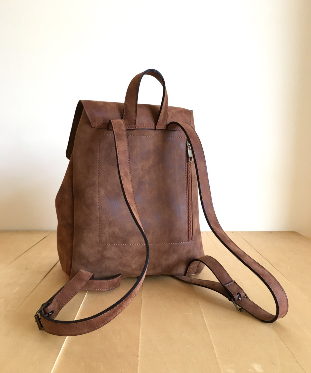 Faux Leather Brown Backpack Vegan Backpack Water Resistant Etsy