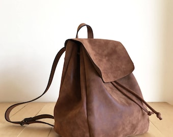 Mothers Day Gift - Leather Brown Backpack - Vegan Backpack - Water Resistant - Vegan Leather - Rustic Leather - Gift for mum