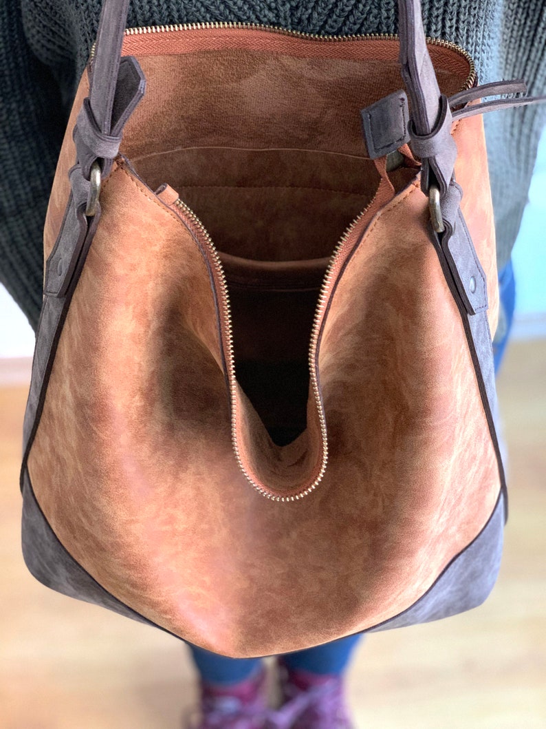 Vegan Leather Hobo Bag Two Tone Brown Handbag Vegan Purse Etsy