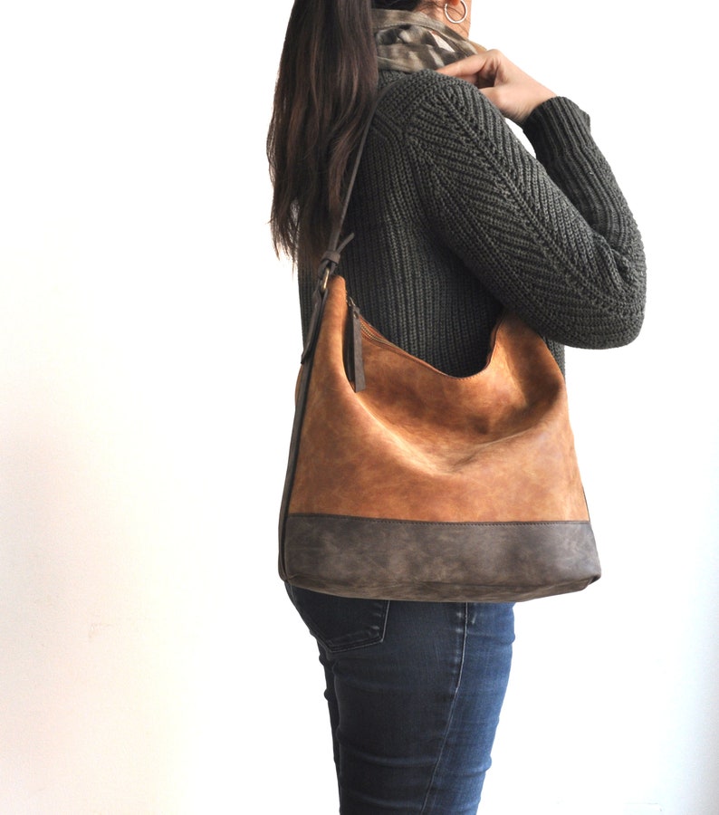 Vegan Leather Hobo Bag Two Tone Brown Handbag Vegan Purse Etsy