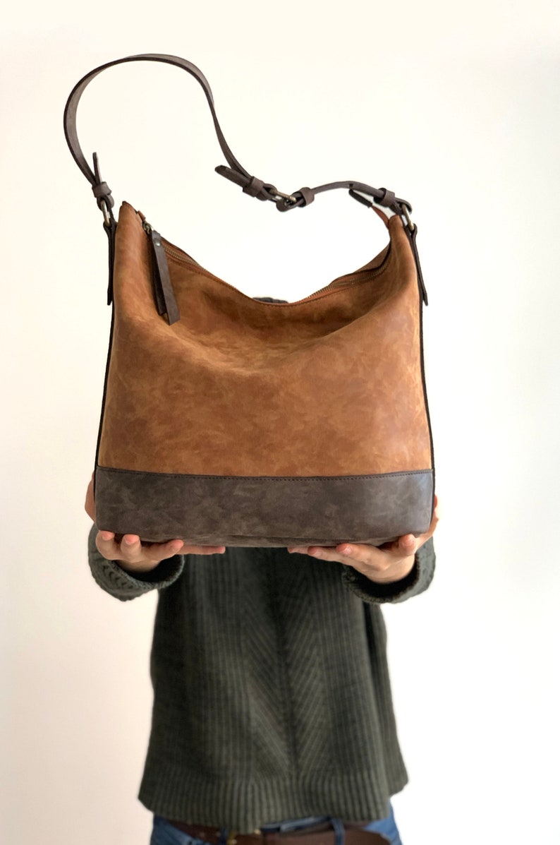 Vegan Leather Hobo Bag Two Tone Brown Handbag Vegan Purse Etsy