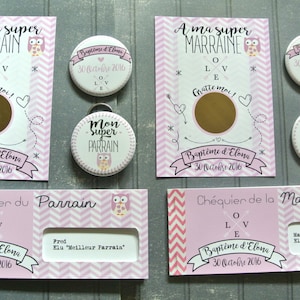 Kit cadeaux parrain marraine theme Chouette rose fille